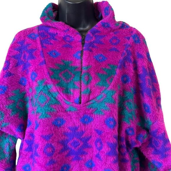 Vintage 90s Tribal Fuchsia Fleece Hoodie Pullover Sweater - Picture 3 of 12